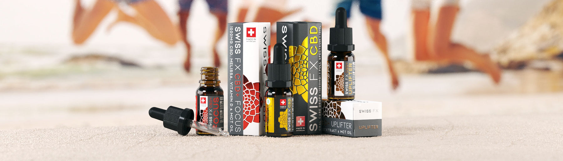 SWISS FX CBD Öl UPLIFTER mit Kaffeebohnen auf einer hellen Steinfläche