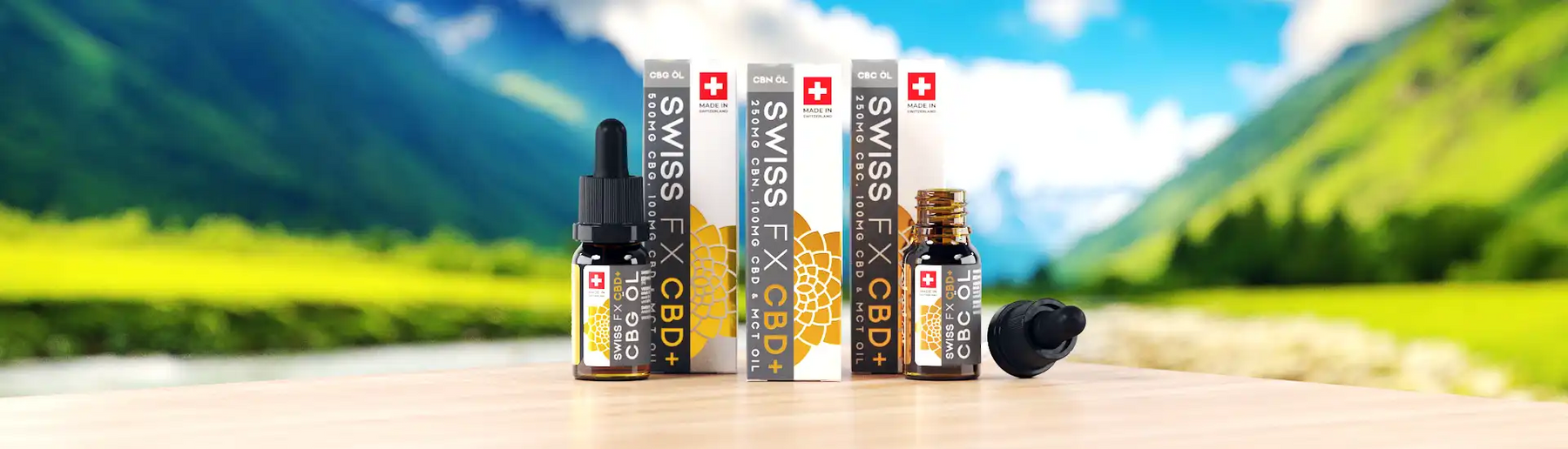 Hanfblätter und Öltropfen – Motiv der SWISS FX CBN, CBG und CBC Öle