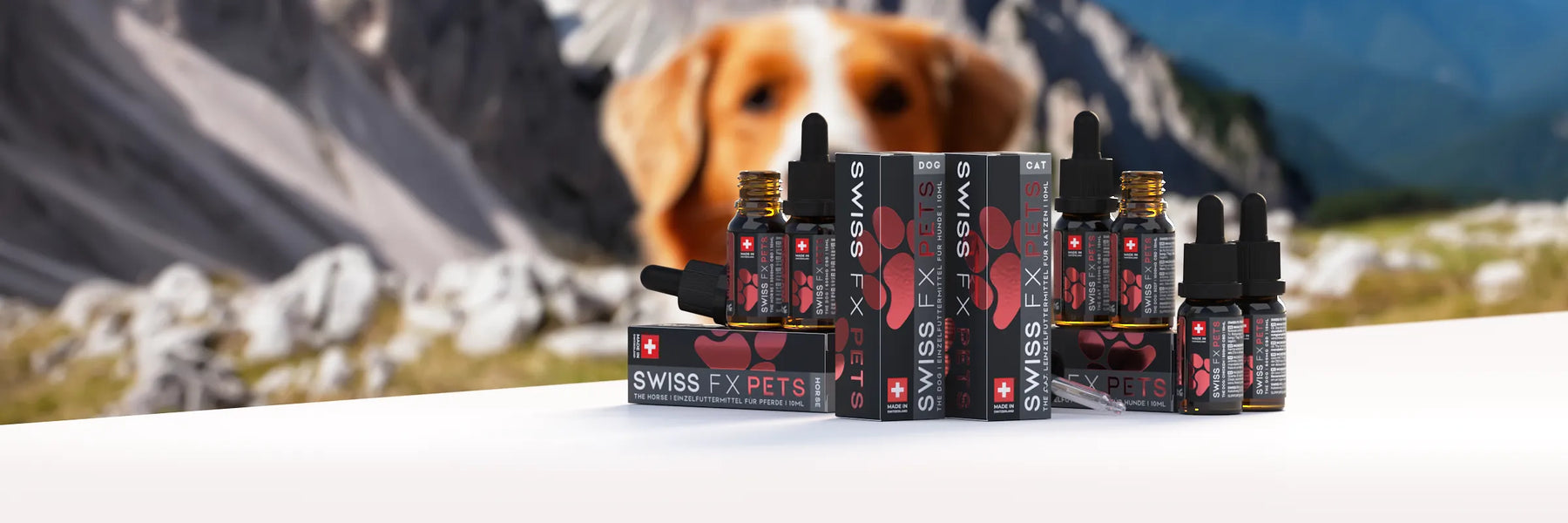 SWISS FX PETS CBD Öl für Tiere vor einer Schweizer Berglandschaft