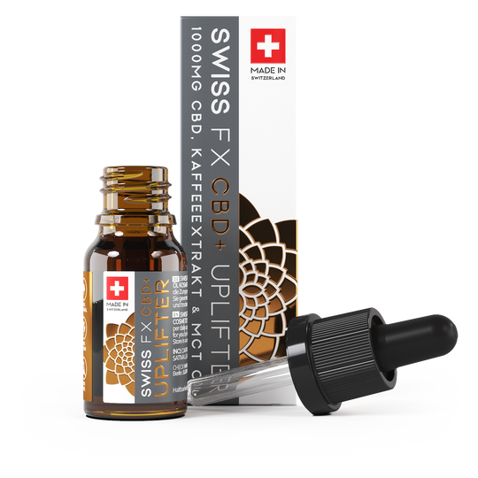 Produktansicht von SWISS FX CBD Öl UPLIFTER mit Verpackung und Flasche