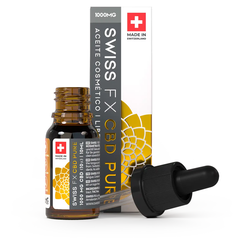 Geöffnete SWISS FX CBD PURE 10 Prozent Flasche mit Pipette und Verpackung